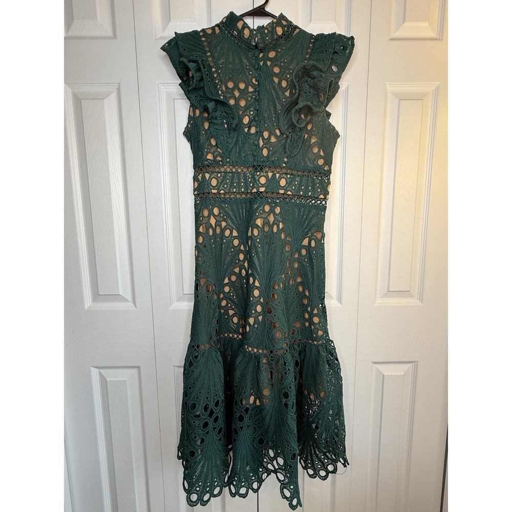 Dalia MacPhee Dress Eyelet Ruffle Sleeve Midi Mock Neck Tiered Scalloped Hem M